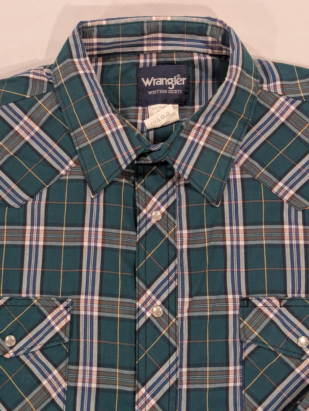 Wrangler Shirt Mens 2XL Green Plaid Long Sleeve Western Pearl Snap Pockets